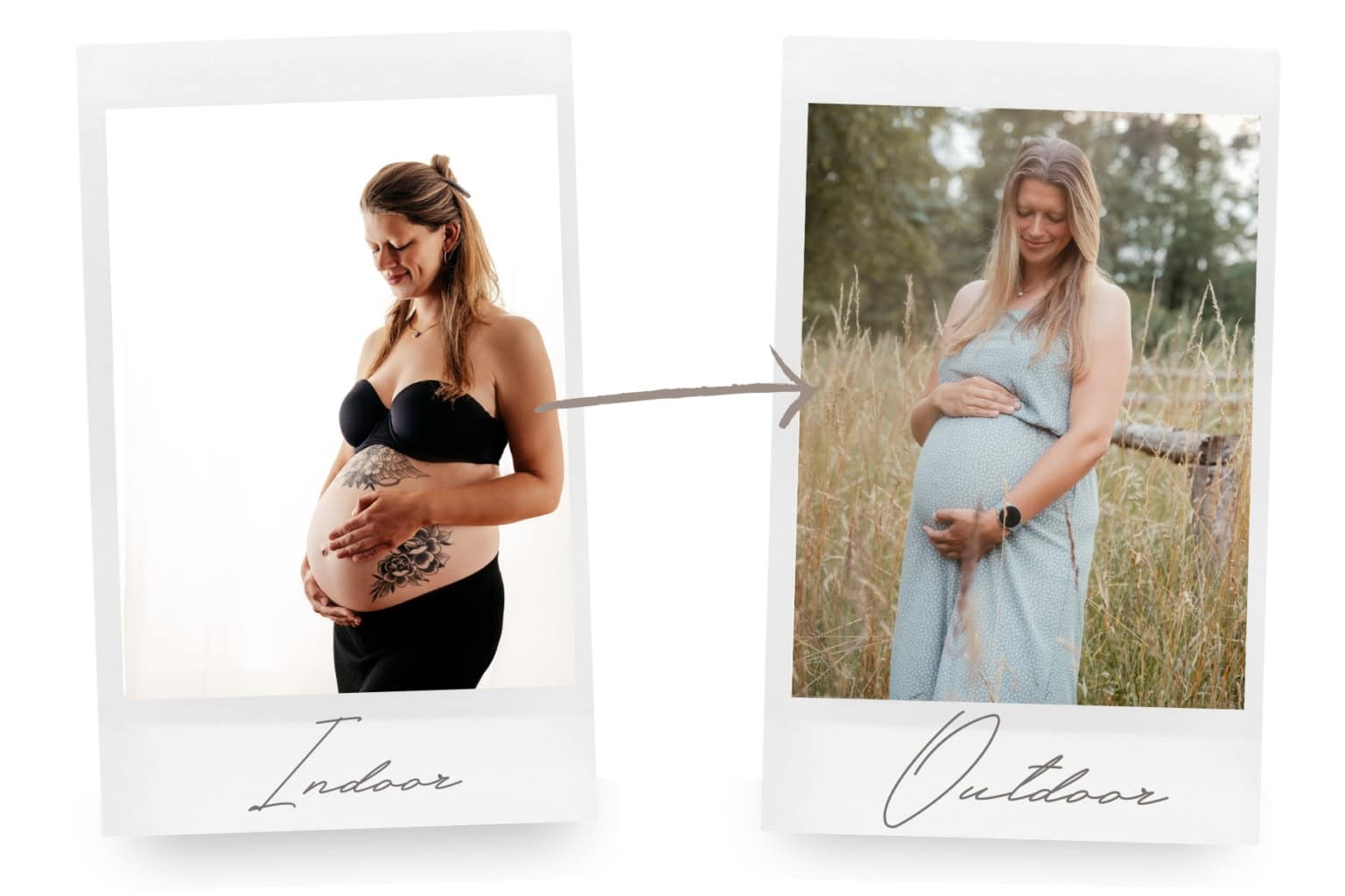 Schwangere Frau im Innenraum mit dunklem Top, hält ihren Babybauch liebevoll.