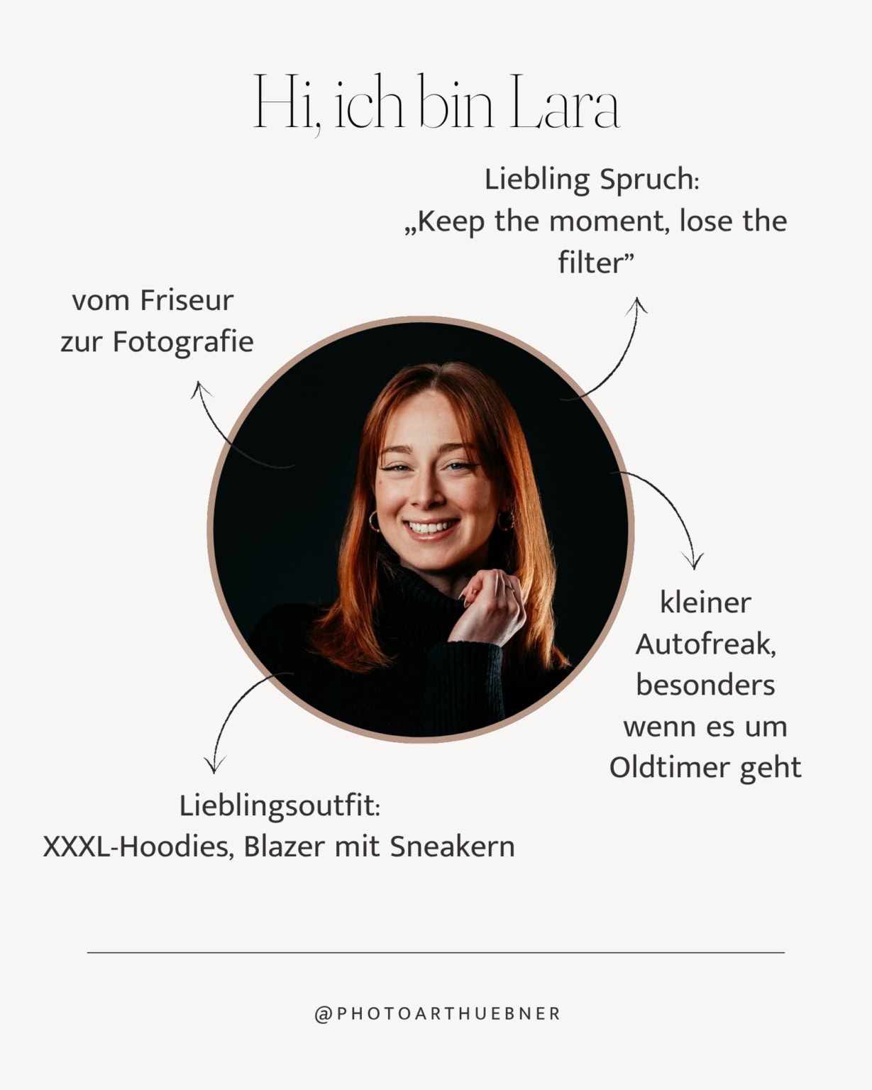 Hochwertiges Portrait von Lara, professionelle Fotografin mit charmantem Lächeln, perfektem Licht, Makeup, Haaren, Hintergrund.